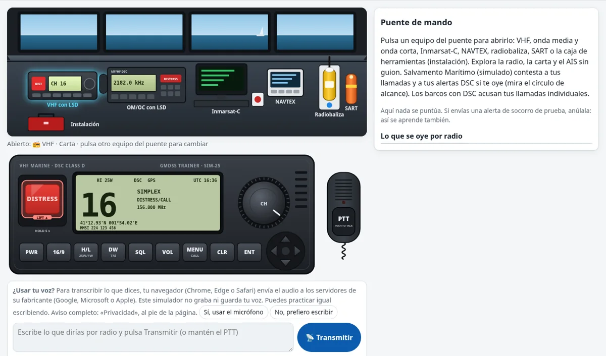 Puente de mando del simulador: consola con VHF, onda media y onda corta, Inmarsat-C, NAVTEX, radiobaliza y SART